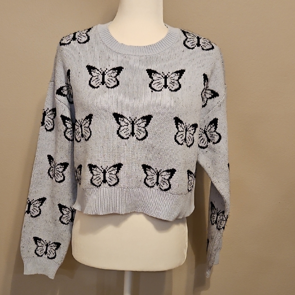 La Hearts Light Blue Butterfly Longsleeve Sweater Crop Style Small Fairycore